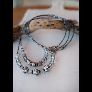 NEW Handmade - Long Double Strand Necklace of Silver Tone Metal and Glass